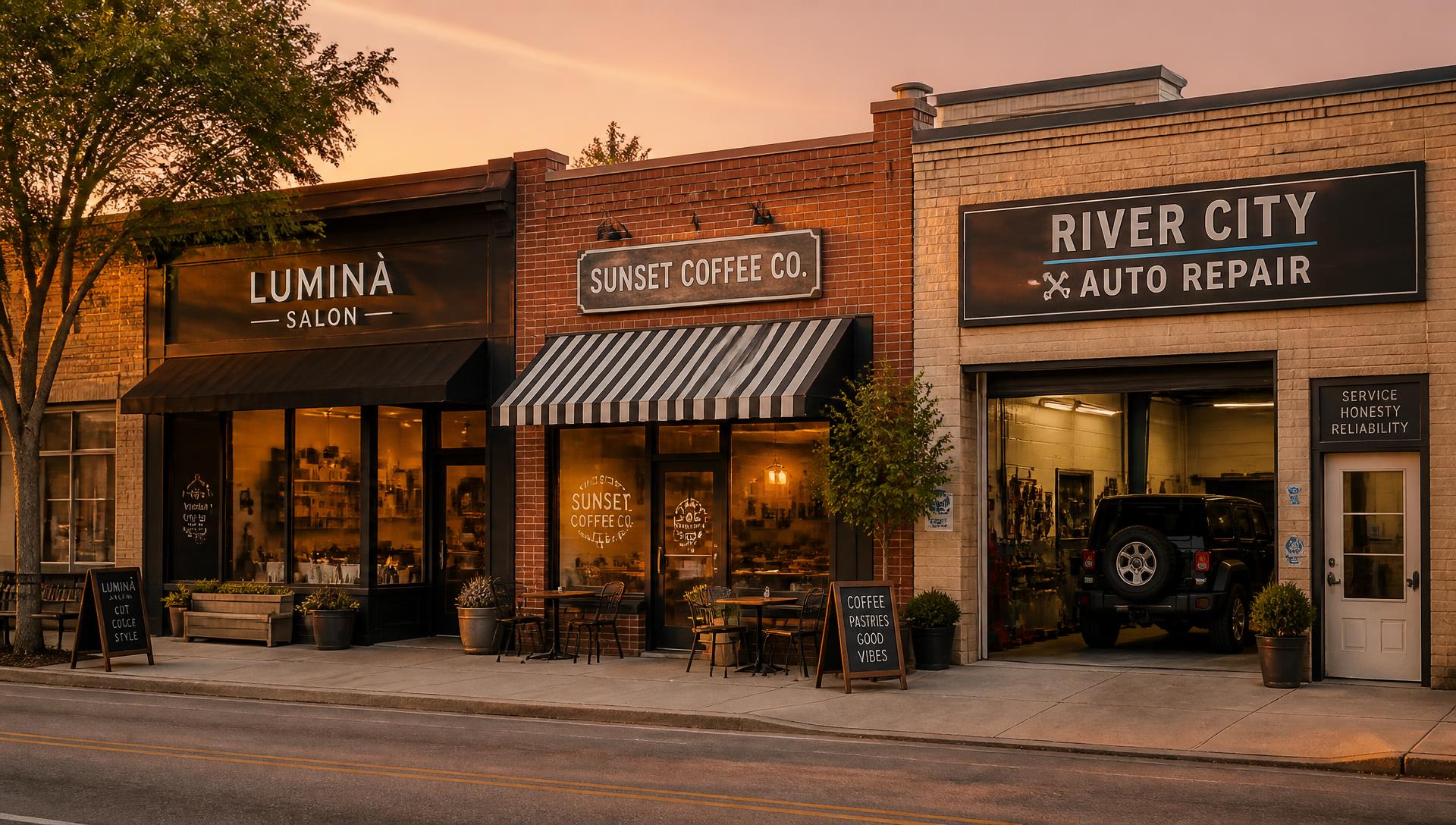 A row of small local businesses — a salon, a café, and an auto shop — at golden hour